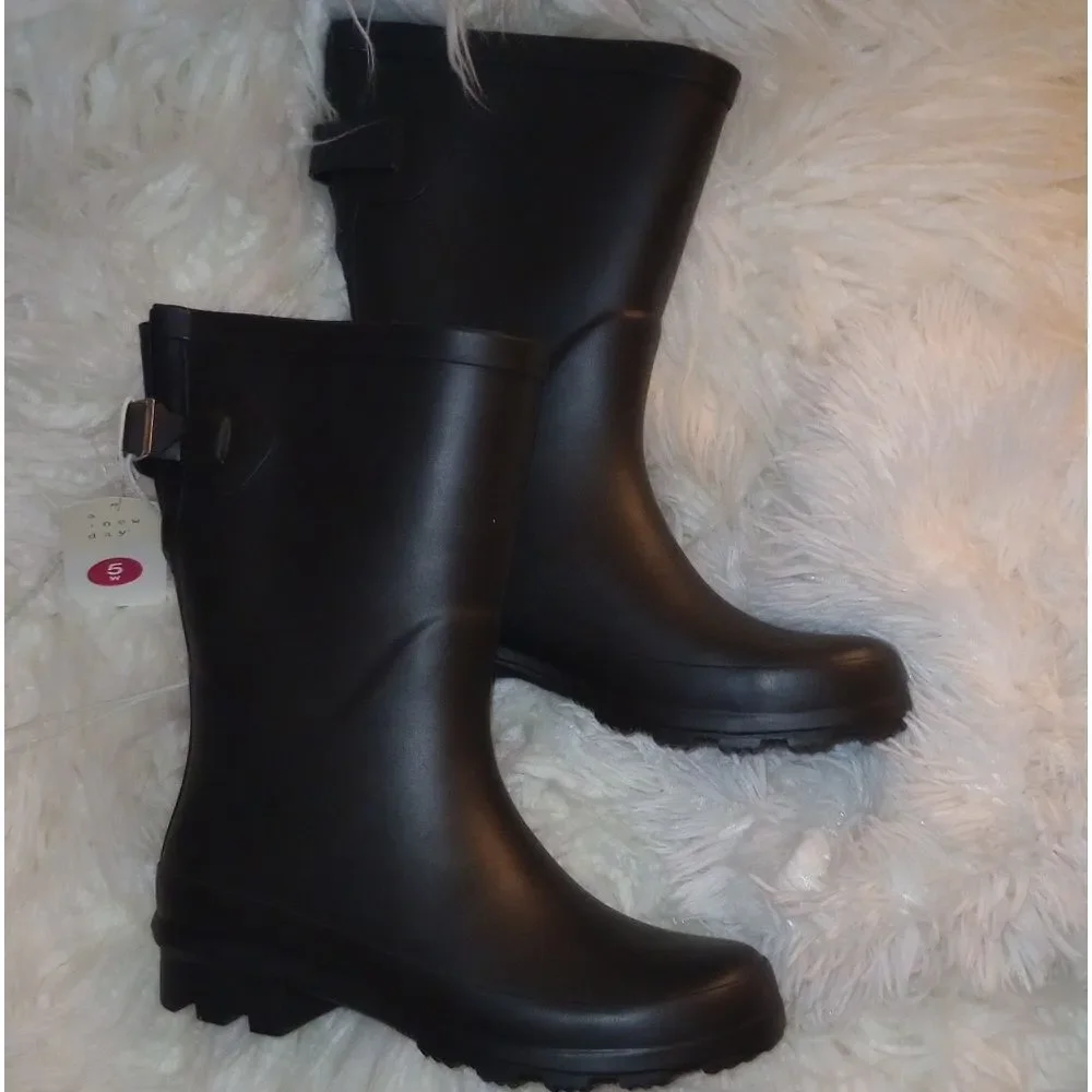 ☔🆕Vicki Mid Calf Rubber Rain Boots - Black, Sz 5W